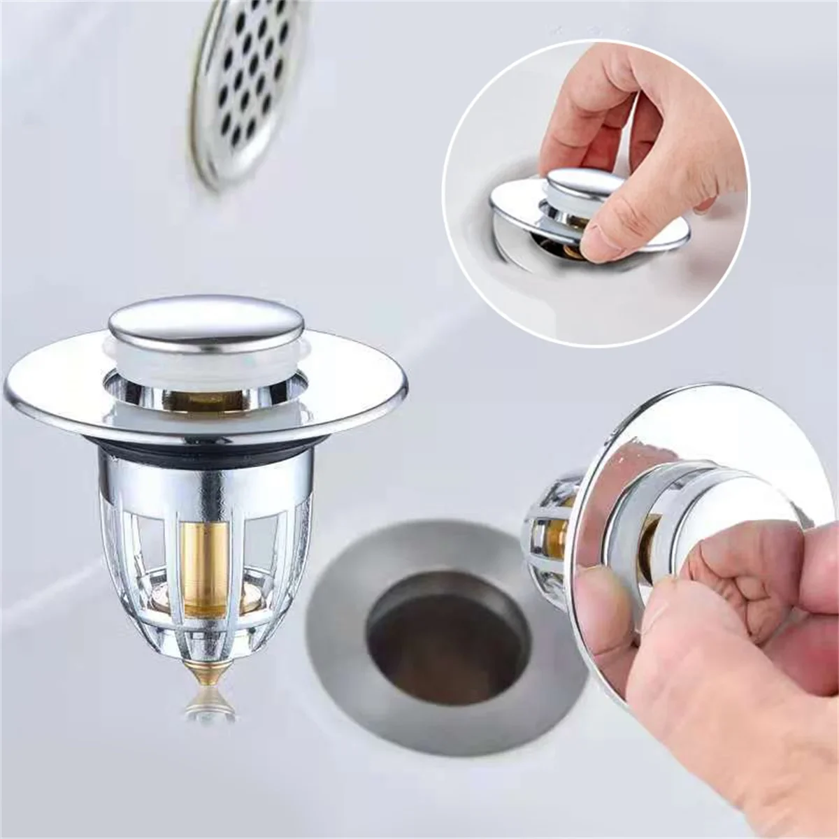 Universal Rebound ปลั๊กท่อระบายน้ํากรองอ่างล้างหน้า Pop-up Chrome Sink Filter Hair Catcher ห้องน้ําอ่างล้างจานท่อระบายน้ํา Easy Push Type