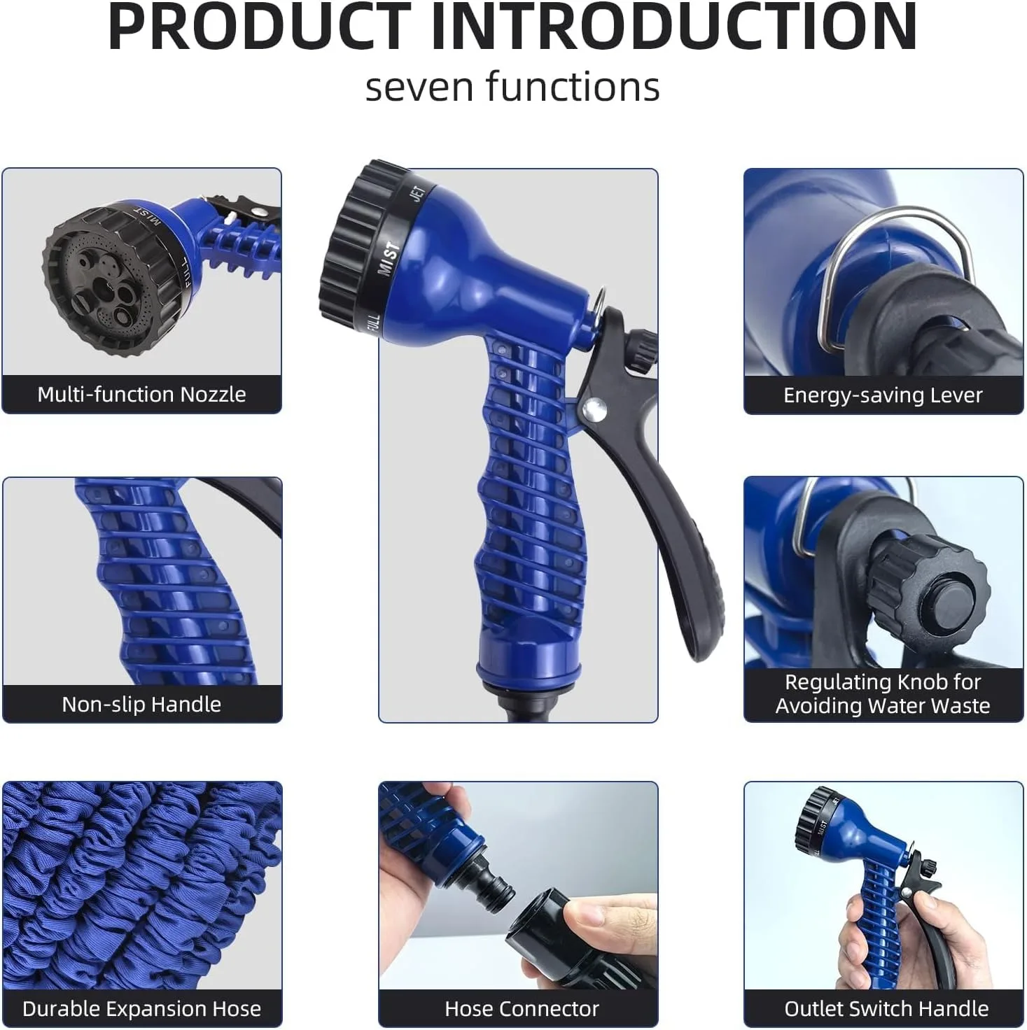 Expandable Garden Hose, Flexible and Lightweight Water Hose with High Pressure Nozzle, Durable and Tangle-Free (Blue)