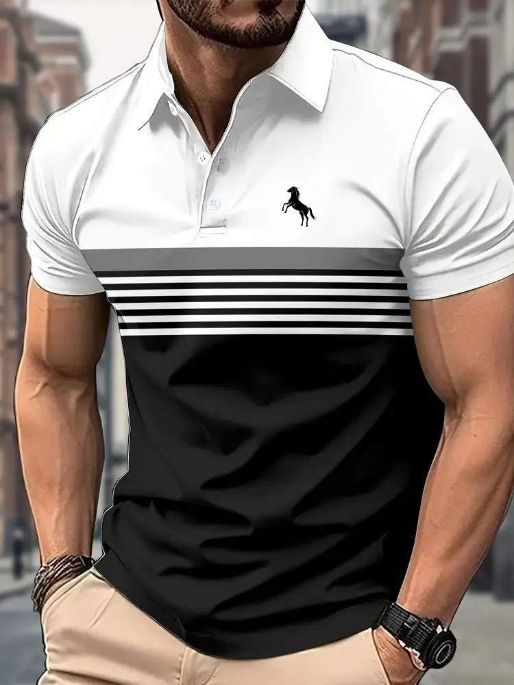 Polo décontracté à manches courtes pour hommes, avec imprimé cheval 3D, rayé, Design bloc de couleurs, chemise de Golf à col de Style sportif pour l'été