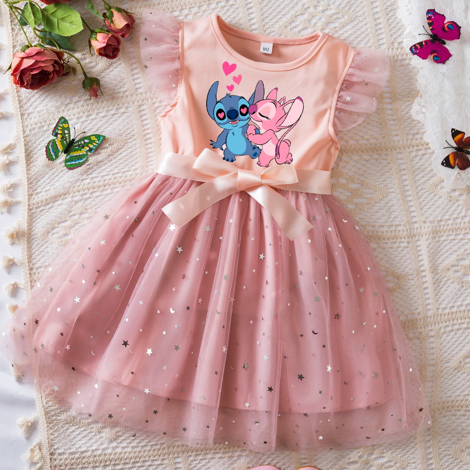 Летнее платье Lilo Stitch для маленьких девочек, одежда принцессы со звездами для маленьких девочек, фатиновое платье-пачка для детей, праздничное платье, От 2 до 6 лет