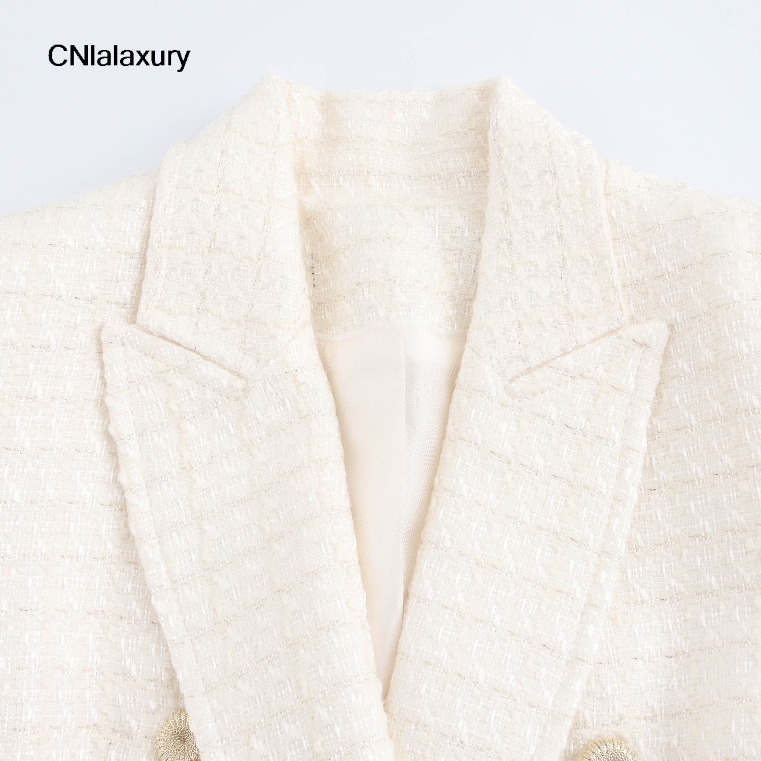 Beige Tweed Blazer for Women Coats Double-Breasted Pockets Suit Jackets Office Lady Elegant Outerwears Notched Collar Jackets