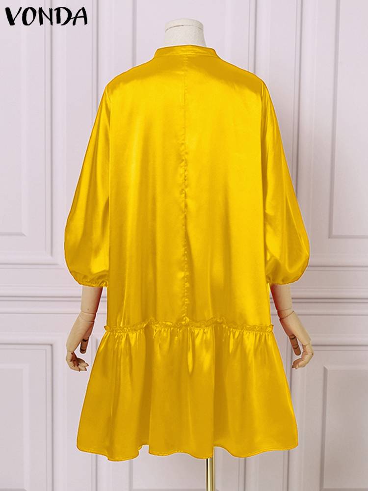 Vonda-女性用サテンショートドレス,ランタンスリーブ,Vネック,単色,ボヘミアン,ラージサイズ,5XL,エレガント,パーティー,夏,2021