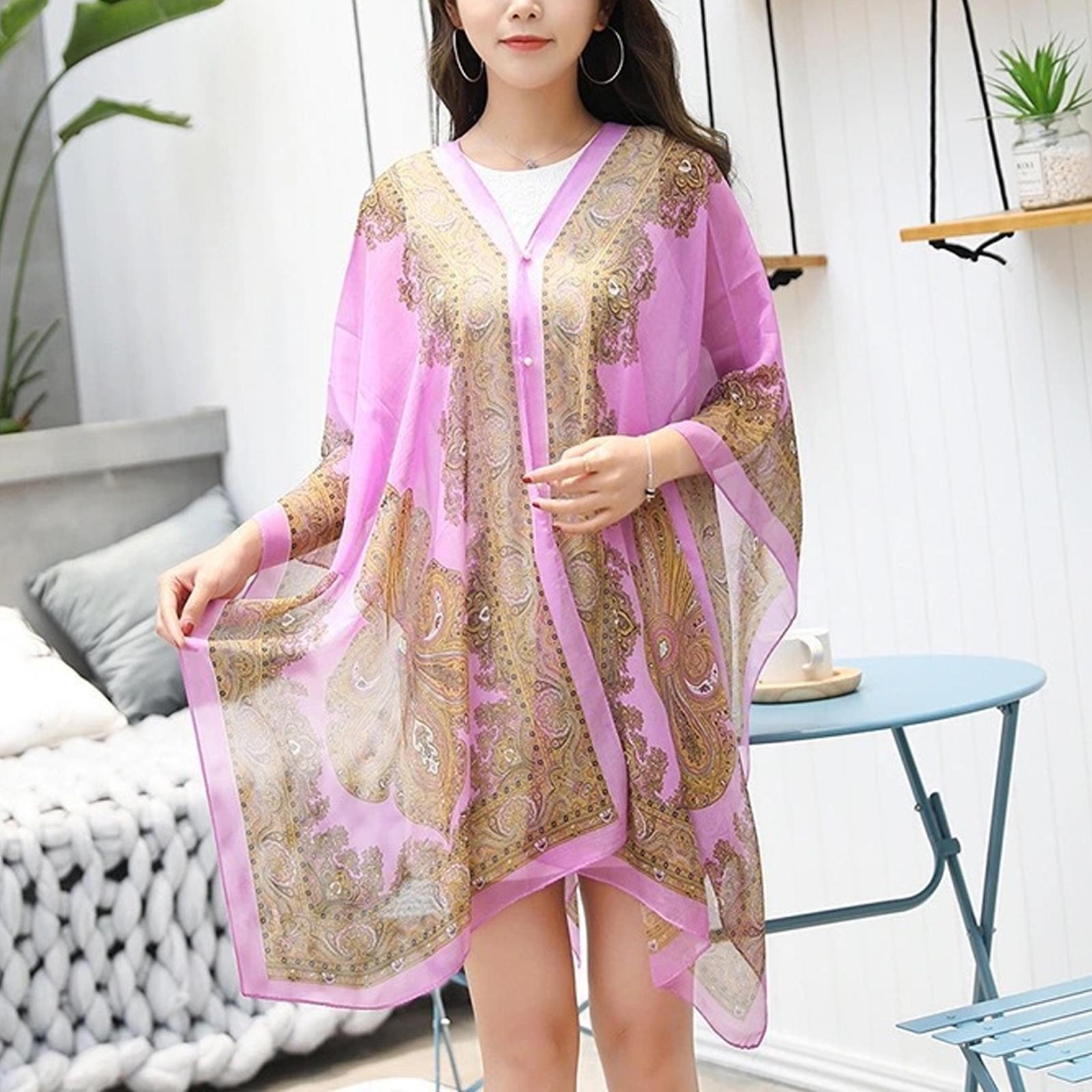 Blusa de gasa para mujer, chal estampado, protección solar, playa, suave, holgado, Bikini