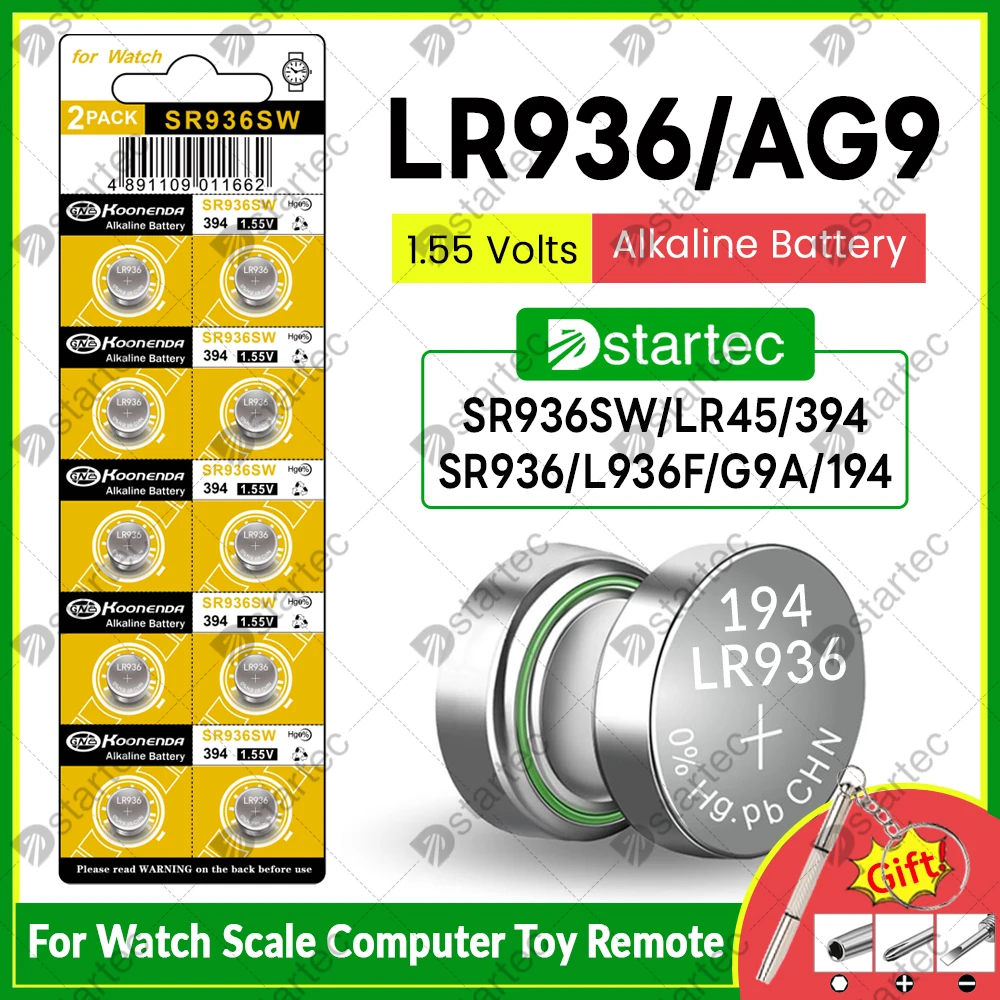 10-300 buah baterai tombol Alkaline AG9 LR936 SR936SW 394 194 SR936 G9A 194A LR45 1.55V jam baterai sel koin untuk senter mainan