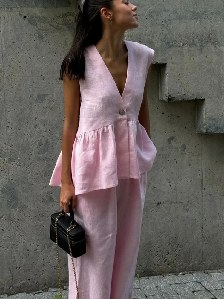 Solto rosa algodão linho 2 peça conjunto feminino verão chique outfit 2025 nova moda sem mangas regata com cintura alta calças largas conjunto