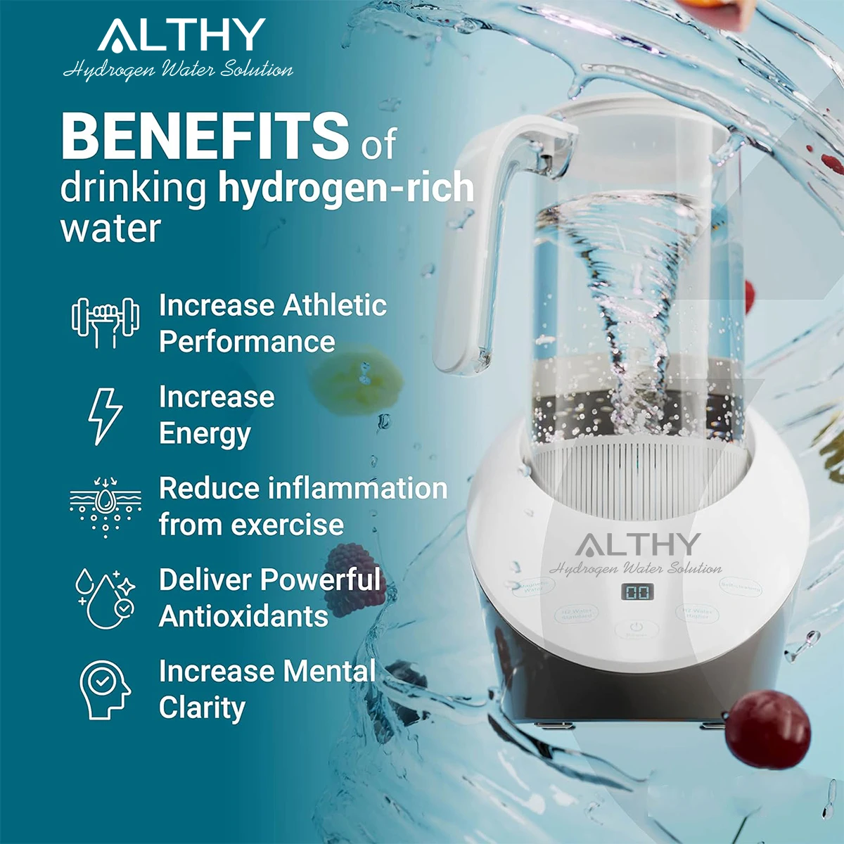 ALTHY Hydrogen Water Pitcher Generator Machine Bottle Jug Kettle SPE PEM Technology. Balanced Water PH Calcium Sulfite filter