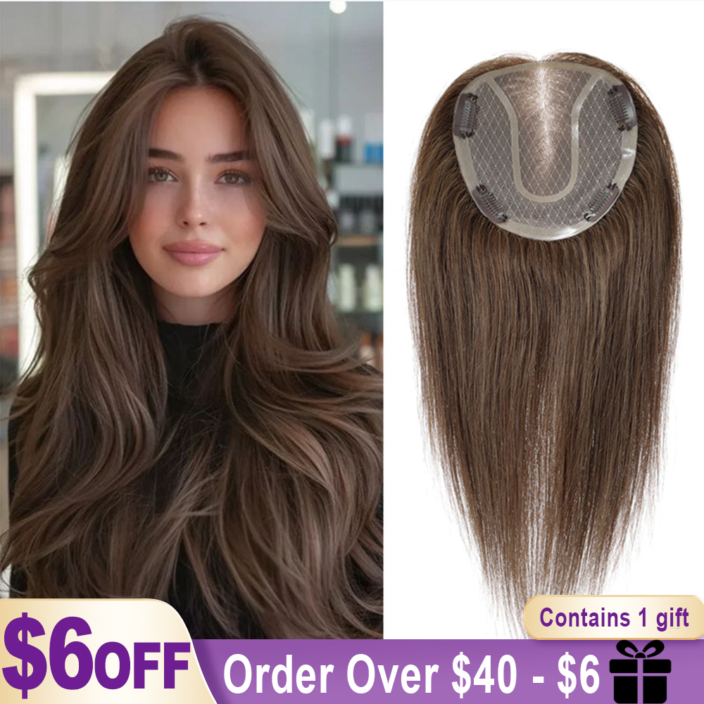 14-Zoll-Echthaar-Topper mit Mono-Spitzenbasis, natürliche braune Haarteile für Frauen mit dünner werdendem Haar, 4 Clips in Haar-Topper