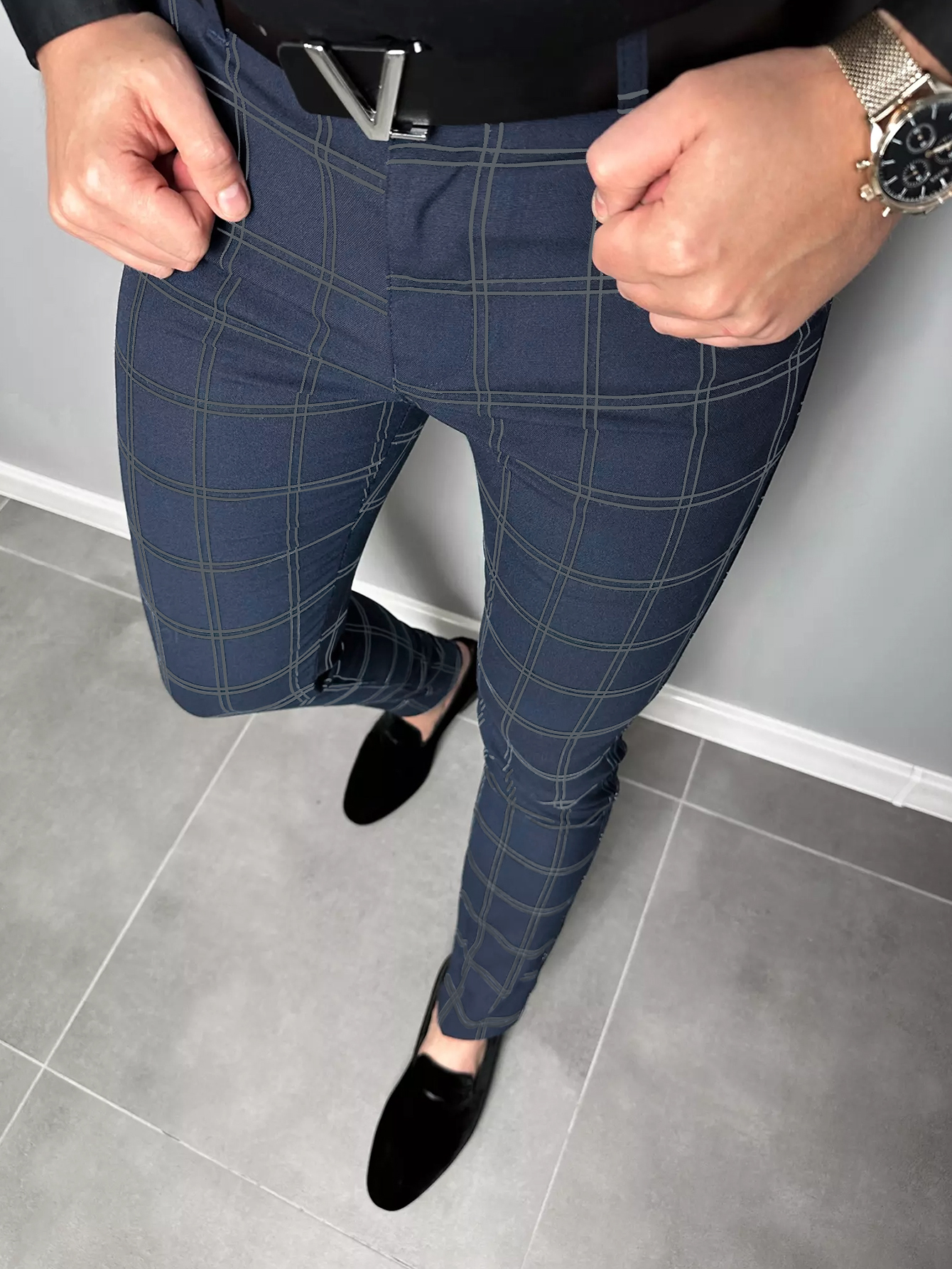 Calça quadriculada masculina de negócios, calça casual de viagem, confortável e versátil, estilo europeu e norte-americano, moda