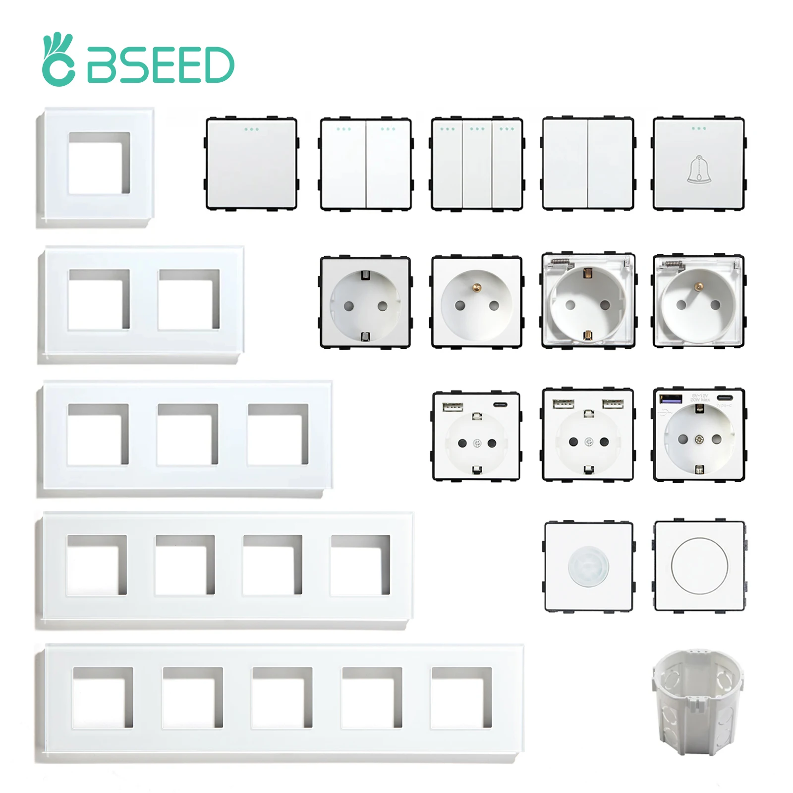 Bseed 1 / 2 / 3gang 1 / 2 interruptor de botón mecánico parte enchufe de pared tecla de función DIY marco de vidrio parte combinación gratuita de blanco