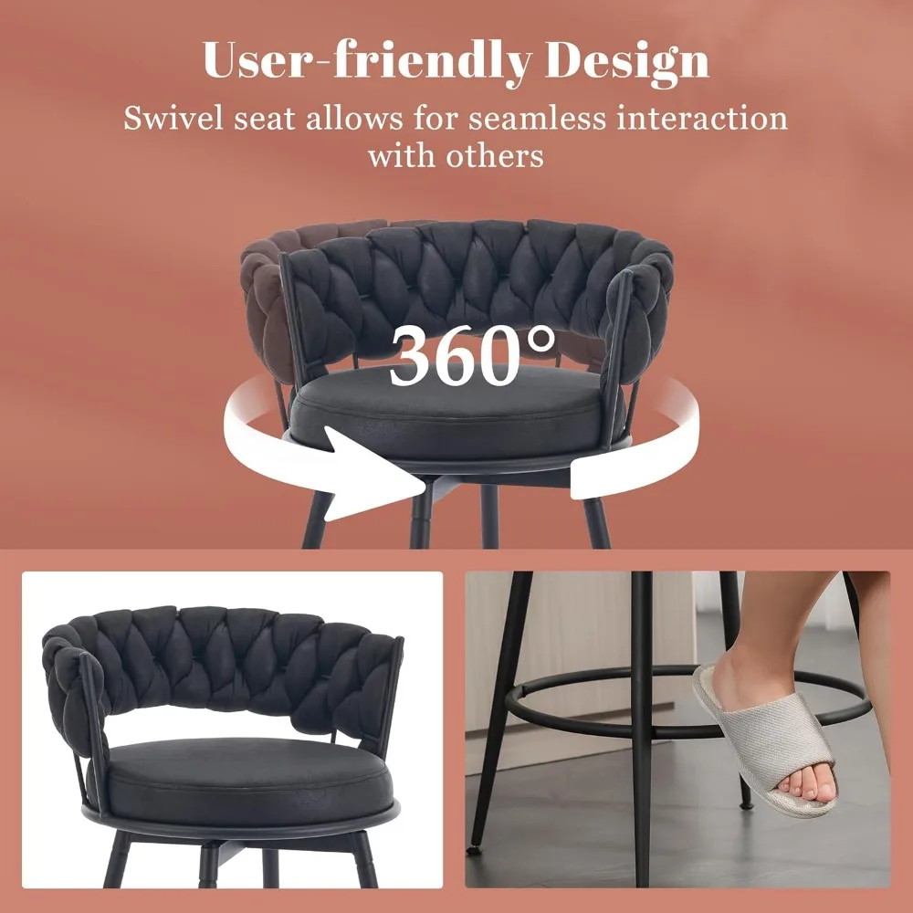 360° Swivel Bar Stools Set of 3, 28 inch Counter Height Bar Stools Modern Barstools with Woven Back and Suede Fabric, Metal
