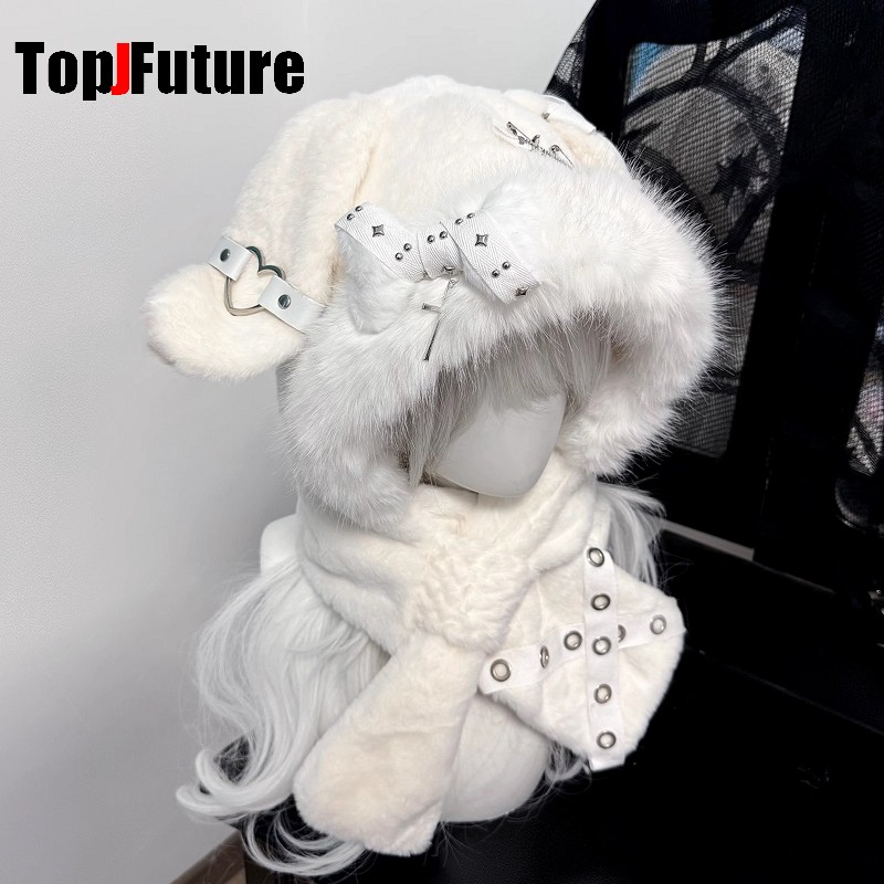Gorro de encaje Harajuku japonés Y2K para mujer, gorro gótico con Orejas de conejo para invierno, gorro de hueso esponjoso de punto cálido, bufanda para mantener el calor, gorro