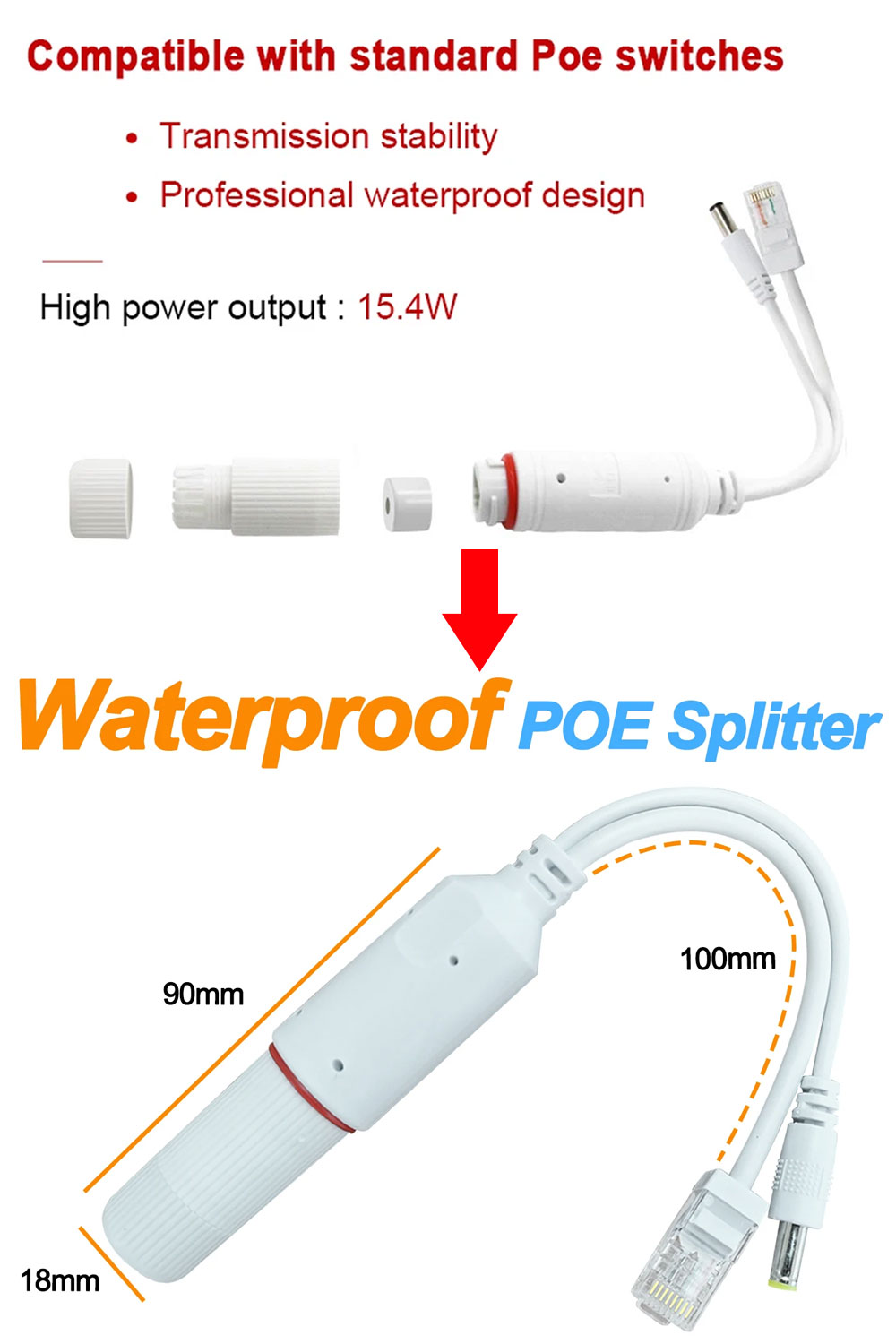 Divisor poe 48v para 12v, à prova d'água, com adaptador de vídeo e alimentação, módulo de fonte de cabo, injetor para extensor de câmera ip
