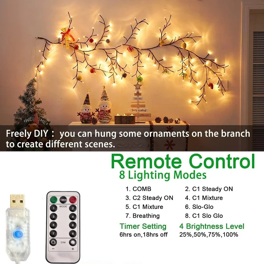 72/96/144LEDS USB 柳つるの枝ライト 8 モード温白色光壁の部屋キッチンコーヒーショップクリスマスハロウィン装飾