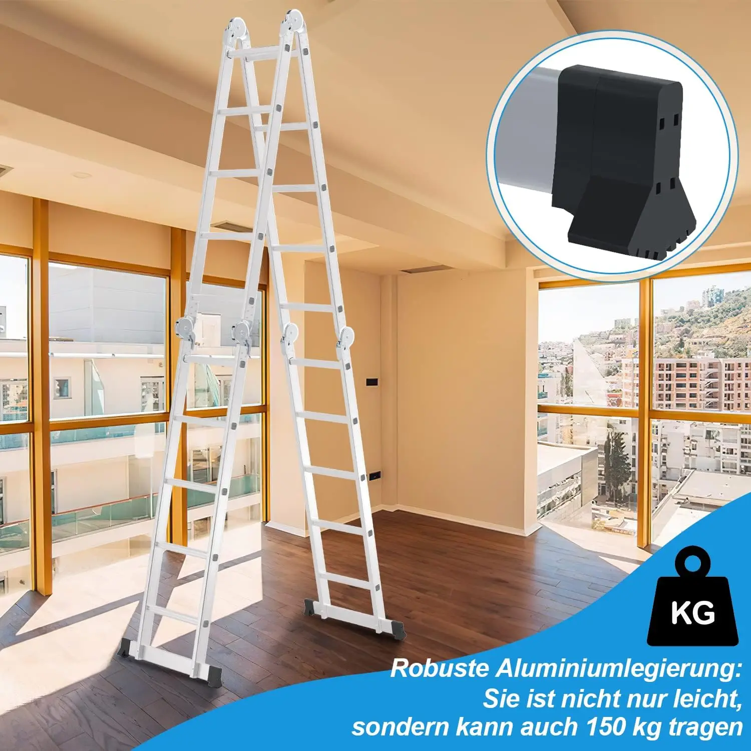 Scala multiuso in alluminio da 5.8m, 4x5 gradini, con piattaforma, 2 piastre per ponteggi, scaletta fino a 150kg, scala pieghevole con