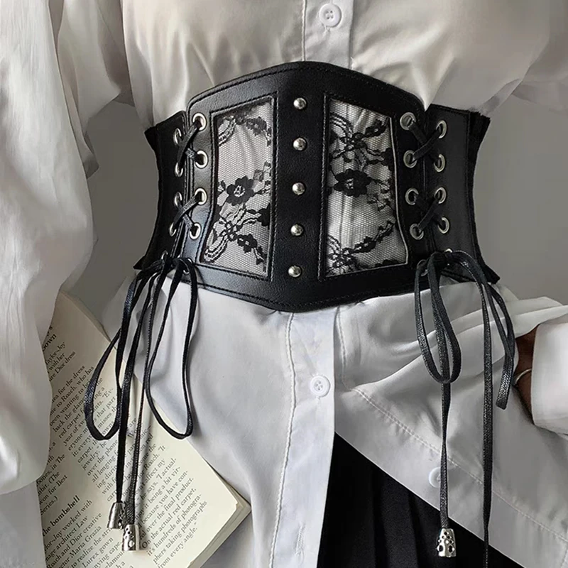 Cinturones de corsé de encaje elásticos de talla grande para mujer, fajas elásticas anchas, vestido gótico Punk, cinturón de corsé, pretina marrón y blanca