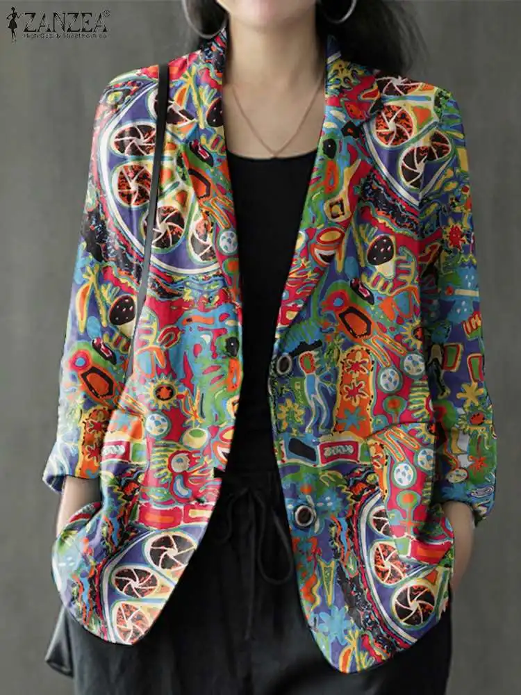 2024 Zanzea Herbst Vintage Langarm bedruckte Mäntel weibliche dünne Tops Frauen Blazer Frühling Sommer Baumwoll hemd lässige Kleidung