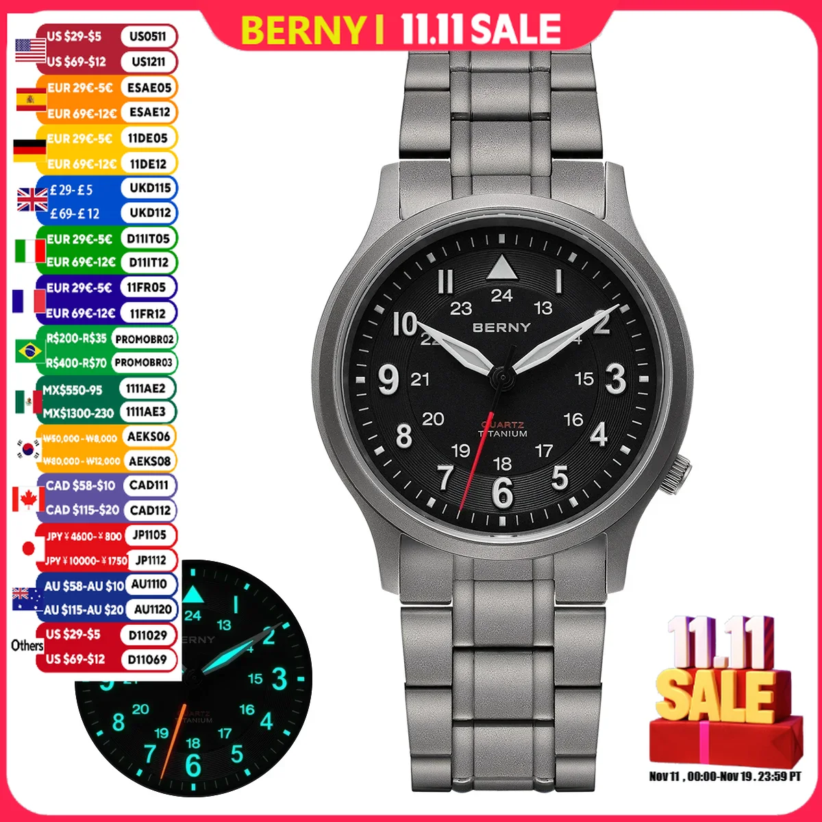 BERNY полностью титановые часы для мужчин, уличные кварцевые мужские наручные часы для полевого пилота VH31, супер светящиеся сапфировые часы, легко читаемые