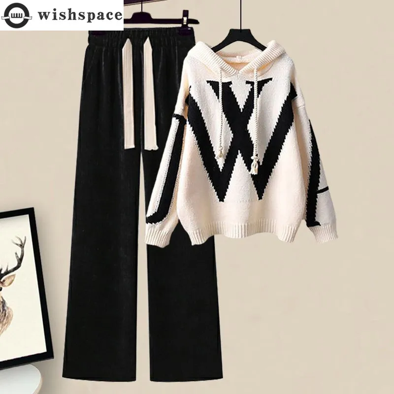 Conjunto de otoño/invierno para mujer, suéter informal de edición coreana, pantalones de pierna ancha ajustados y adelgazantes, conjunto de dos piezas, 2024