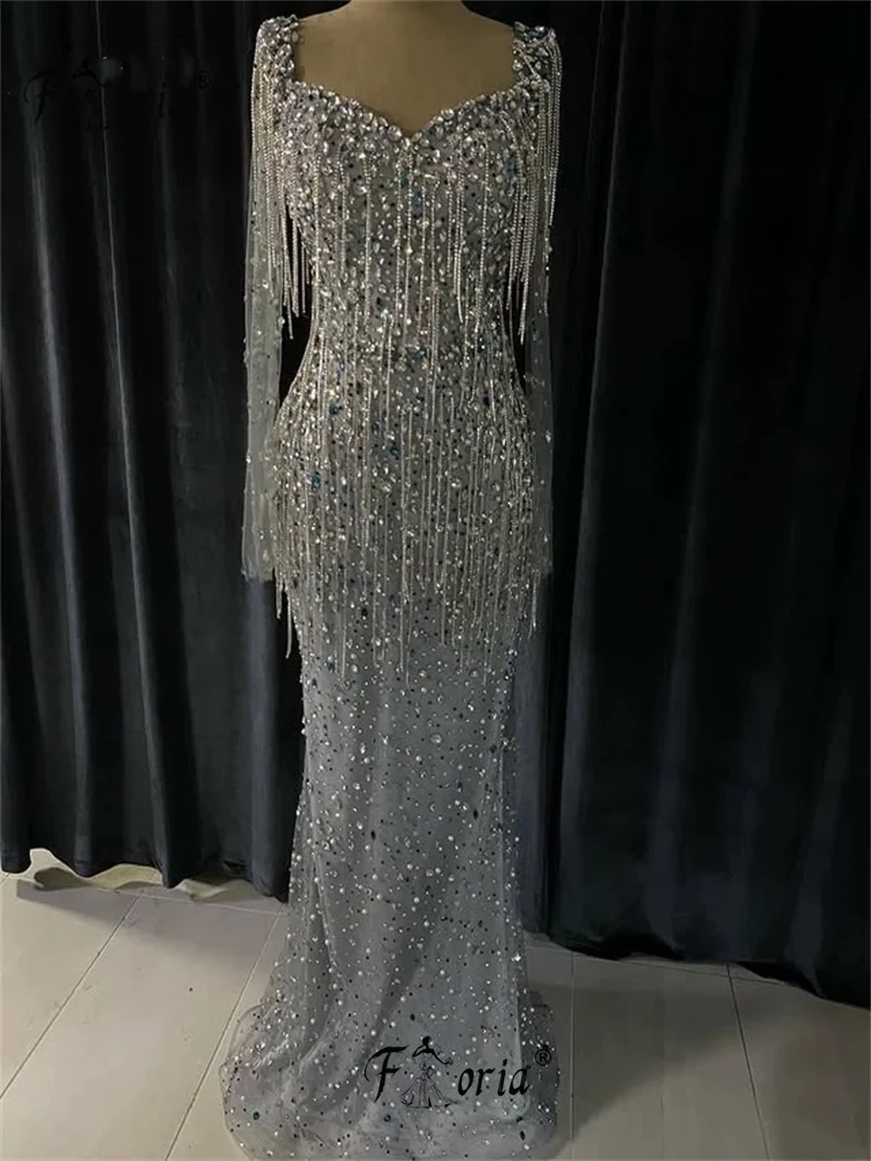 Couture Silber Perlen Kristall Steine Formale Abend Party Kleider 2025, Dubai Handgemachte Lange Quasten Prom Kleider Angepasst Vestidos