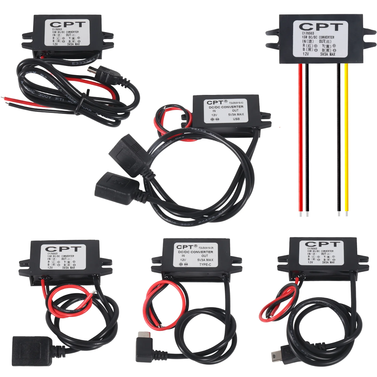 Convertidor impermeable de 12V a 5V, módulo reductor de DC-DC, adaptador de corriente USB-A hembra/Tipo C/doble USB/conector de cable abierto