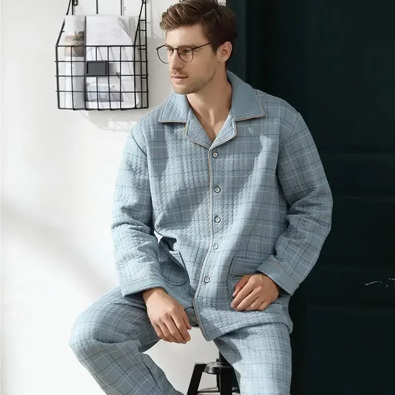 Conjuntos de pijamas gruesos para hombre, ropa de dormir sencilla y cálida, Top de algodón, pantalón, prendas de vestir de ocio, ropa de descanso suave de talla grande, otoño e invierno, 2024