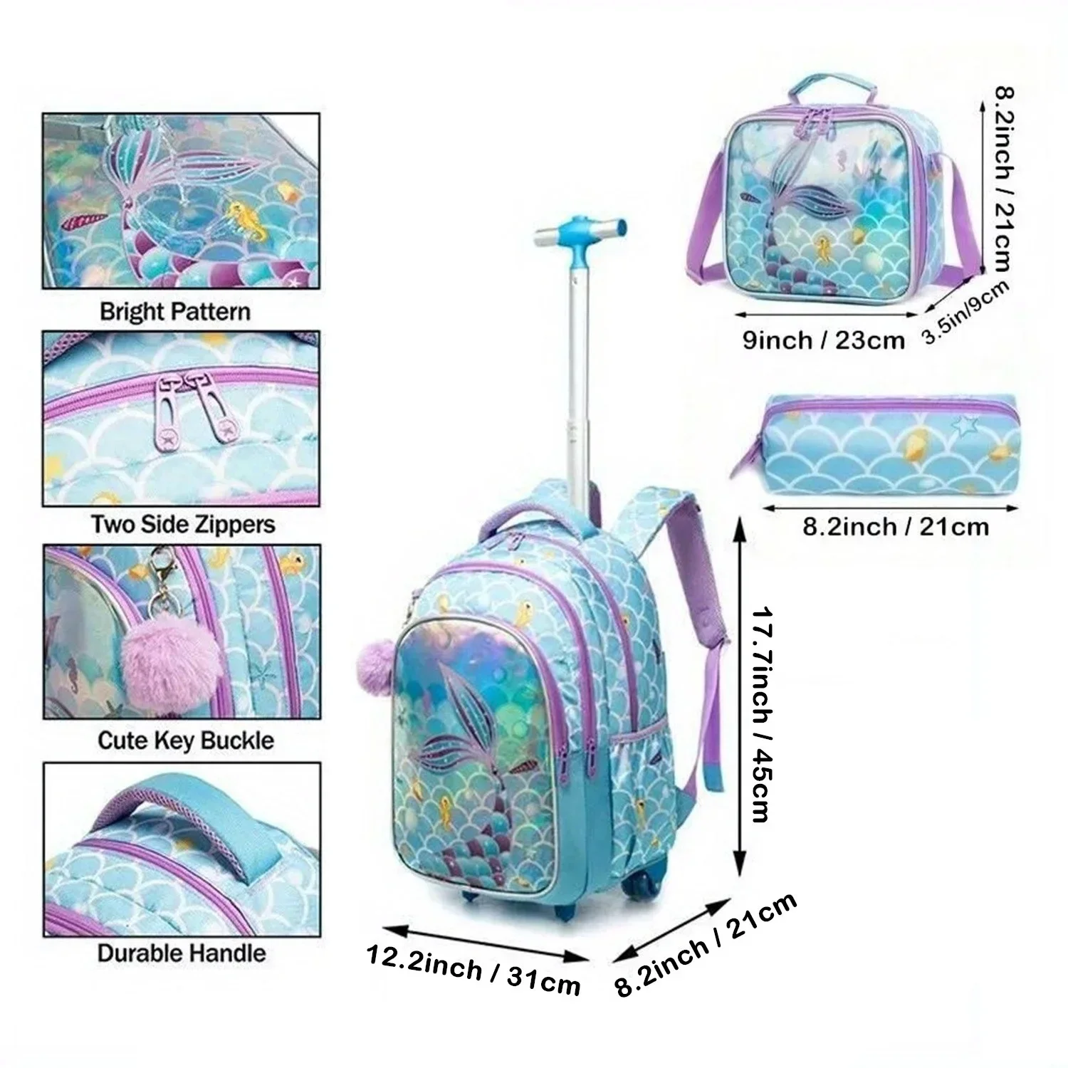 Conjunto de mochila infantil com rodas, mochila escolar com bolsa de almoço isolada e estojo de lápis para meninos e meninas