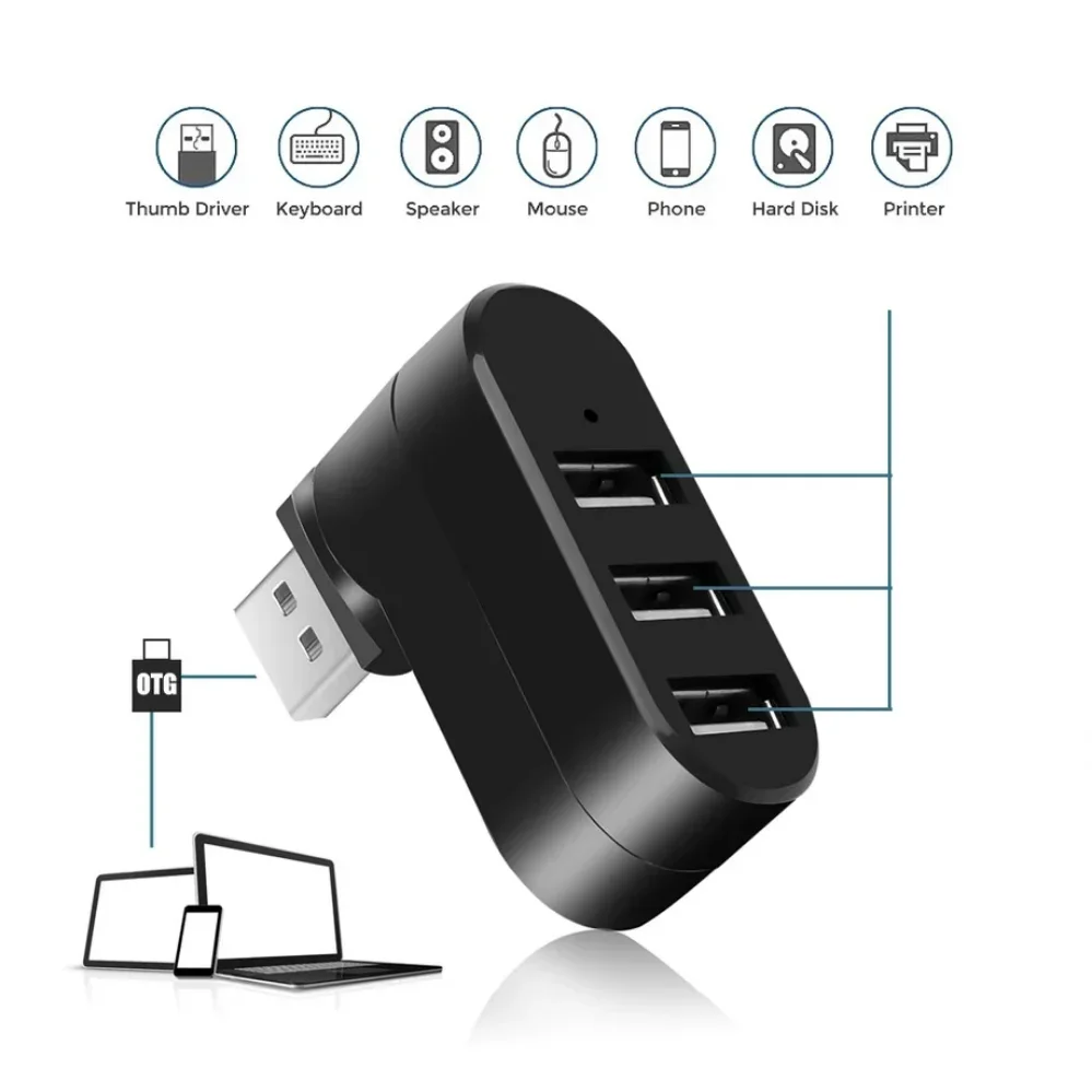 PzzPss USB Hub 2,0 adaptador giratorio de alta velocidad U lector de disco divisor 3 puertos USB 2,0 para ordenador PC portátil Mac Mini Accesorios