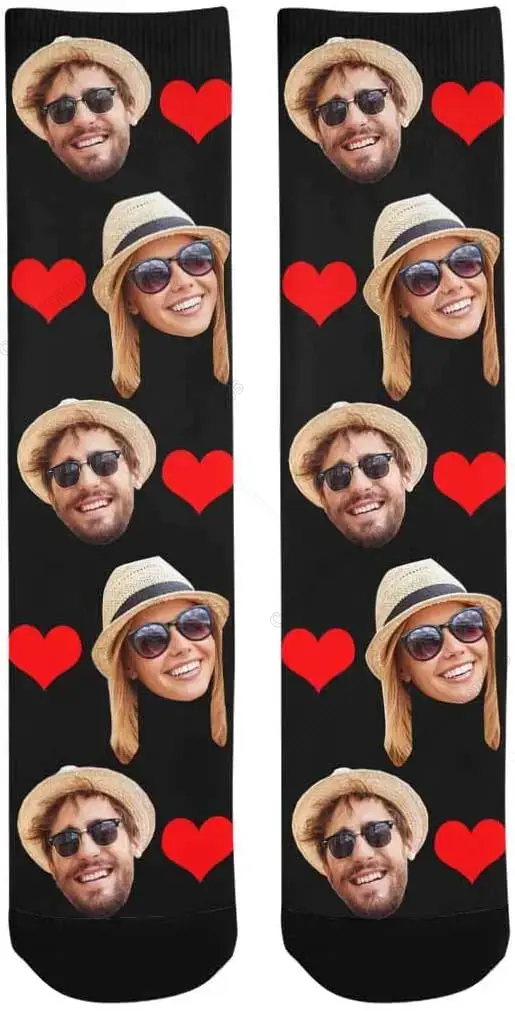 Custom Photo Couple Girlfriend Face Socks Love Heart Crew Socks with 2 Faces for Men Women One Size