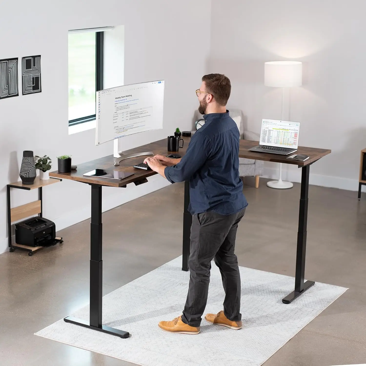Electric Motor Height Adjustable Corner 3 Leg Standing Desk Frame, Frame Only, Sit Stand Ergonomic L Frame, Black, DESK-V130EB