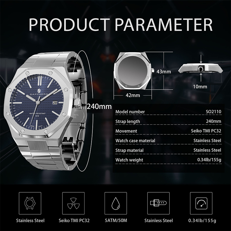 SAPPHERO herenhorloge, roestvrijstalen band, waterbestendig ontwerp, automatische kalender, feestelijke geschenken, prachtige geschenkdoosklok