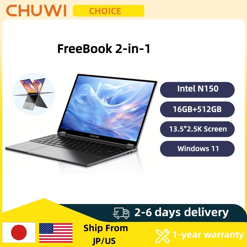 CHUWI FreeBook 2-in-1 ノートパソコン 13.5インチ Intel N150（最大3.6GHz） 16GB LPDDR5 RAM 512GB SSD FHD 2520x1680 WiFi 6 BT5.2 Windows 11