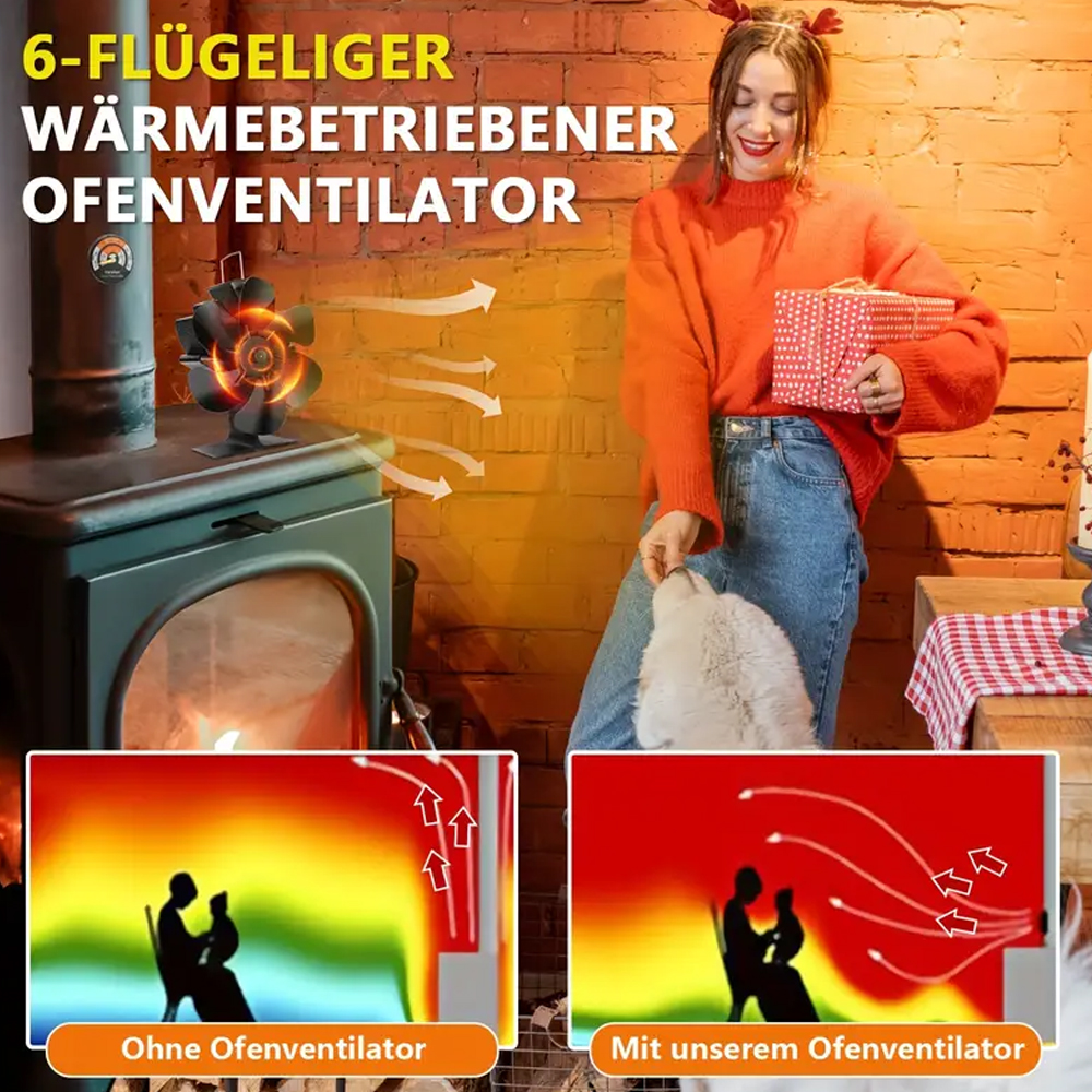 Wärmebetriebener Ofenventilator, umweltfreundlich, schwarz, 6 Flügel, Holzbrenner, Kaminventilator, effiziente Wärmeverteilung, Winterwärmer für Zuhause