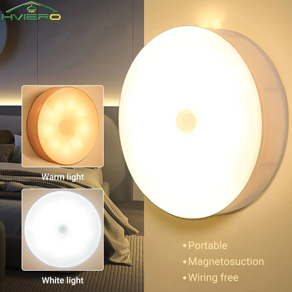 Luz nocturna inalámbrica con Sensor de movimiento para dormitorio, Detector de 8LED, decoración de pared, lámpara redonda, habitación, escalera, armario, mesita de noche, bombillas