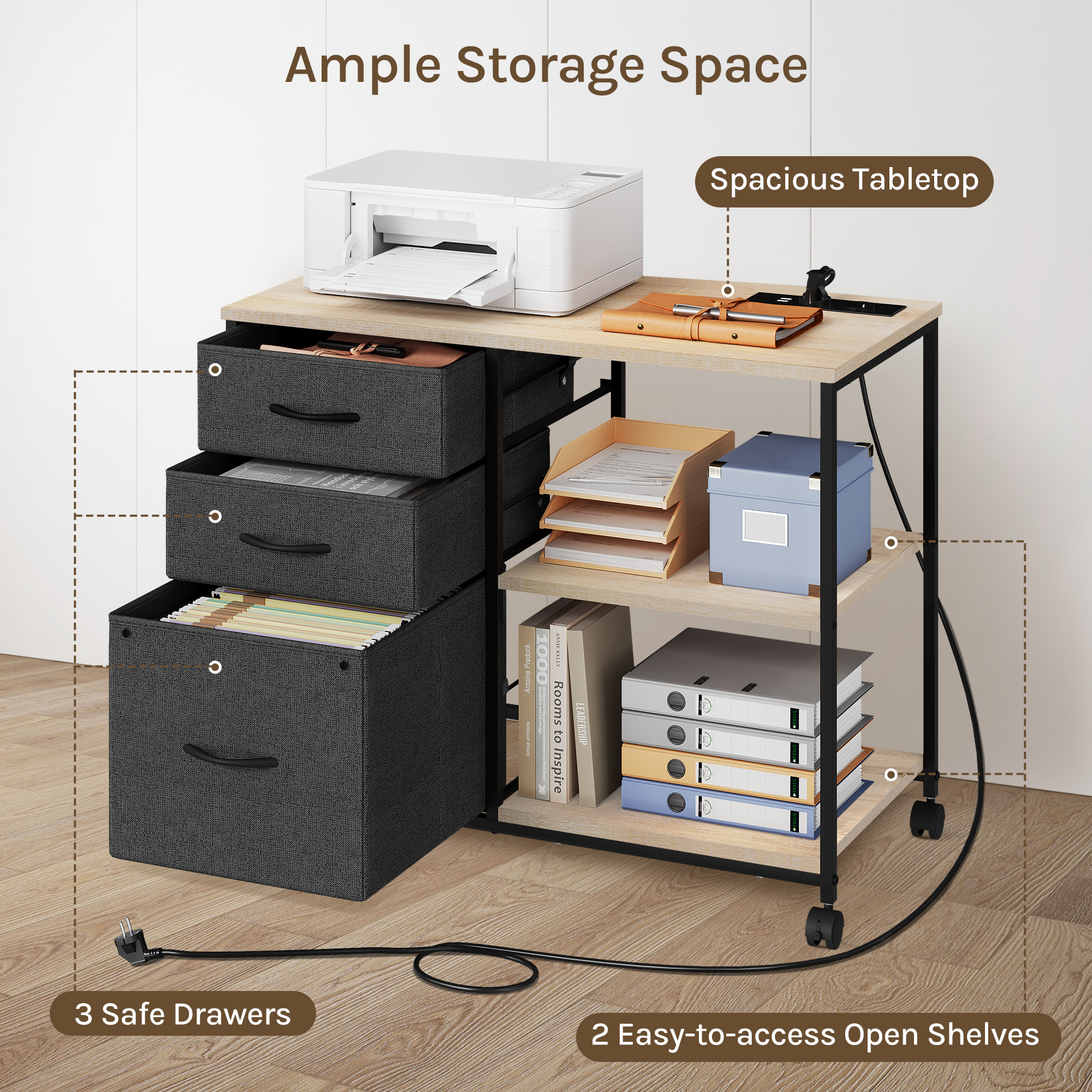 WOLTU Büro-Aktenschrank, Aktenschrank mit Ladestation, rollender Druckerständer mit Schubladen, Ordnerschrank für Wohnzimmer