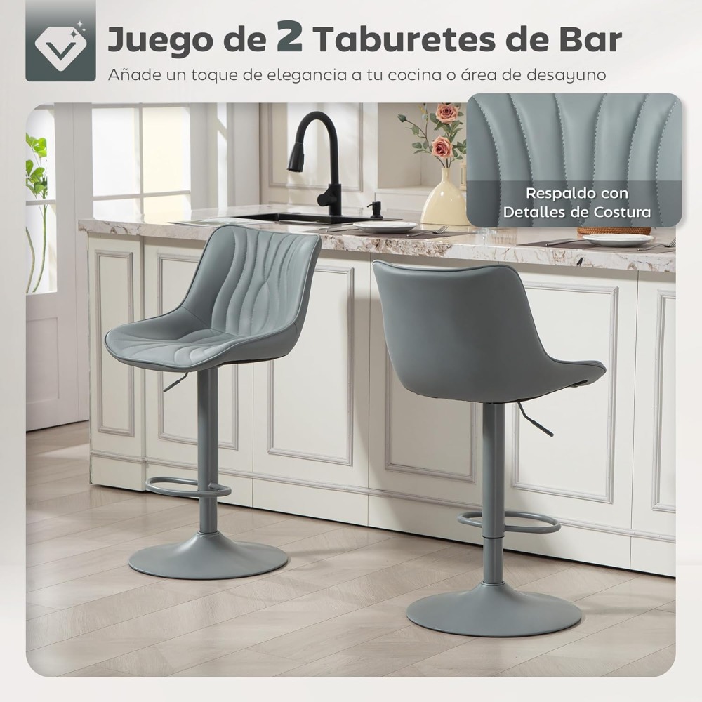 2 Taburetes de bar Taburetes de cocina giratorios con altura ajustable Respaldo de 92 - 110 cm Asiento de piel sintética Estructura de acero