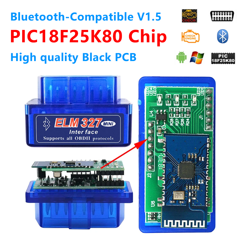 Mais recente elm327 placa dupla pic25k80 chip 3000 + leitor de código universal obd2 elm327 v1.5 mini bluetooth 5.1 carro problemas atirador