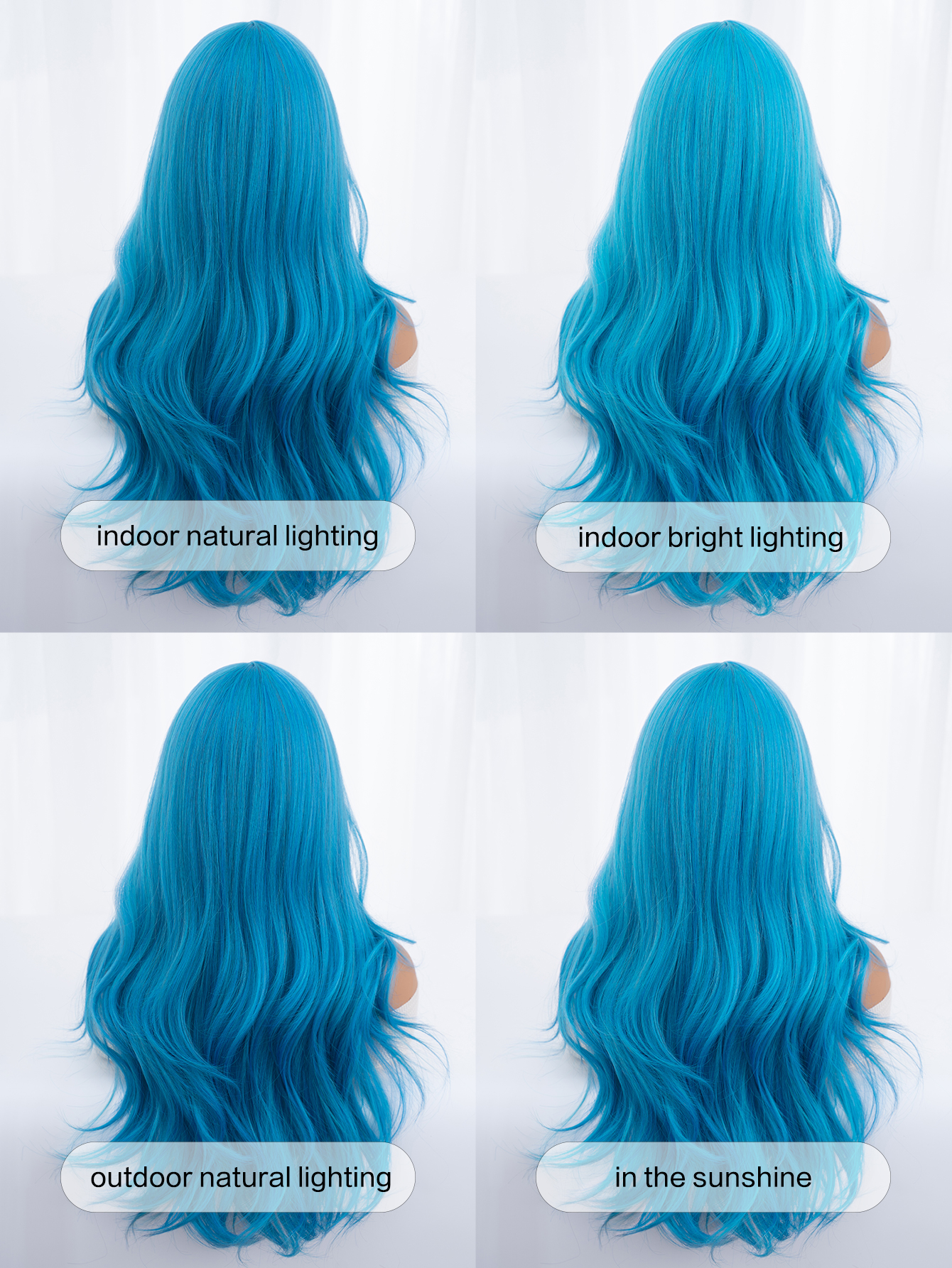 28 นิ้วสีฟ้าวิกผมสังเคราะห์กลางยาววิกผมหยักธรรมชาติสําหรับผู้หญิงคอสเพลย์ลาก Queen Party ทนความร้อน