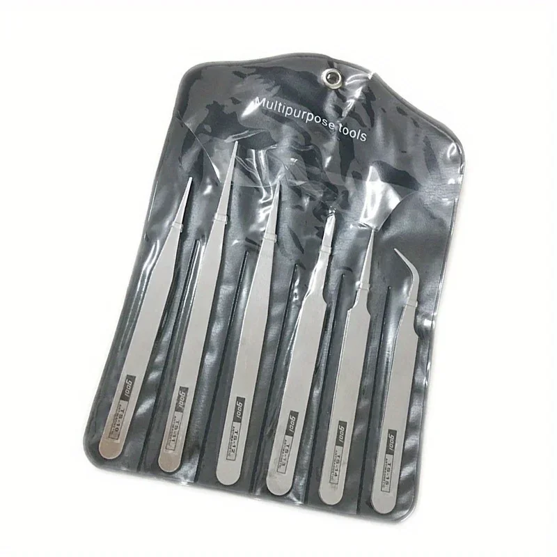 Juego de 6 pinzas de acero inoxidable: herramienta de reparación de precisión Industrial con puntas dobladas y rectas, Ideal para reparaciones profesionales y bricolaje