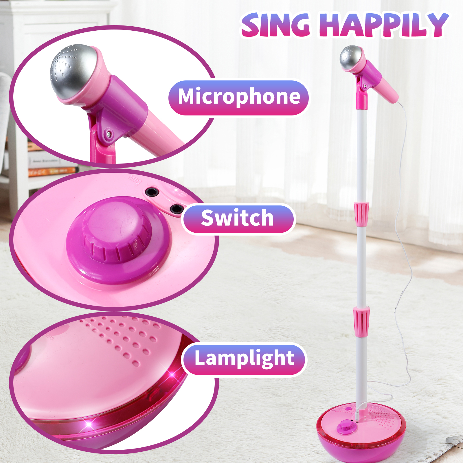 Maszyna do karaoke dla dzieci z mikrofonem i regulowanym stojakiem, oświetlenie rytmiczne dla zabawnych efektów muzycznych, Boże Narodzenie/Halloween/Nowy Rok