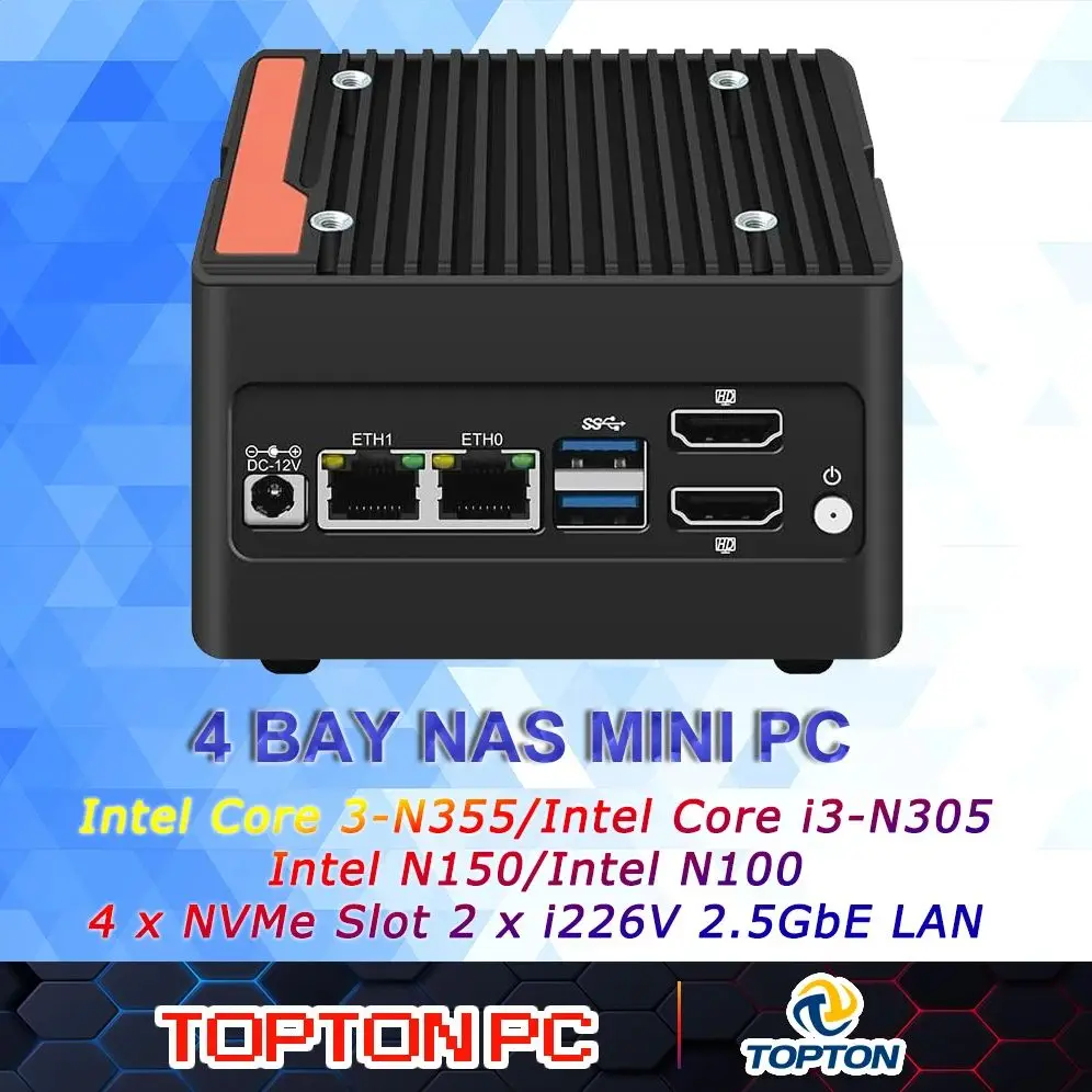 N355 i3-N305 Intel N150 Mini PC 4-Bay NAS Server Pocket Host X86 4*M.2 NVMe Gniazda rozszerzeń DDR5 4800MHz Podwójne karty sieciowe 2.5G