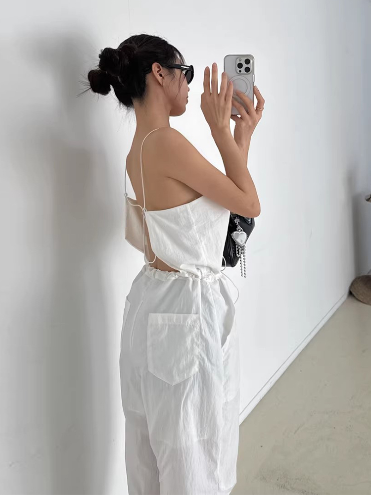 Chic Summer Sexy Backless Design Gathered Waist Slimming Strap One-Piece Pants Long Pants Women's Small Sexy Exposure Back