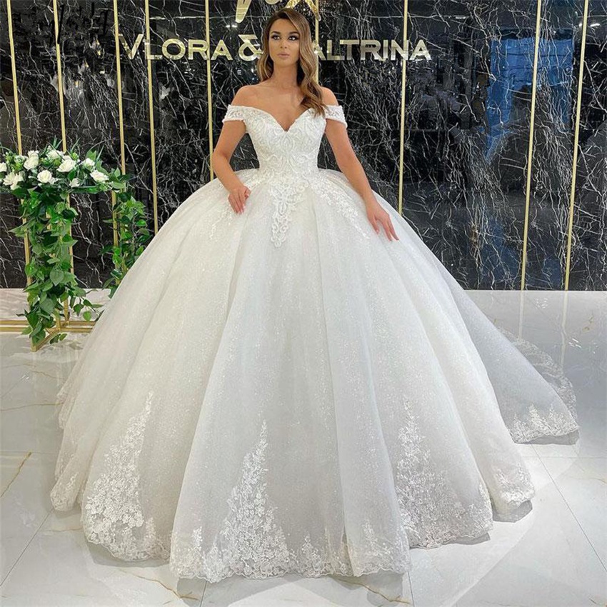 ที่กําหนดเอง Elegant ปิดไหล่ชุดแต่งงานสําหรับผู้หญิงลูกไม้ Applique Glitter Tulle ชุดเจ้าสาว V คอ A-Line Robe De Mariée
