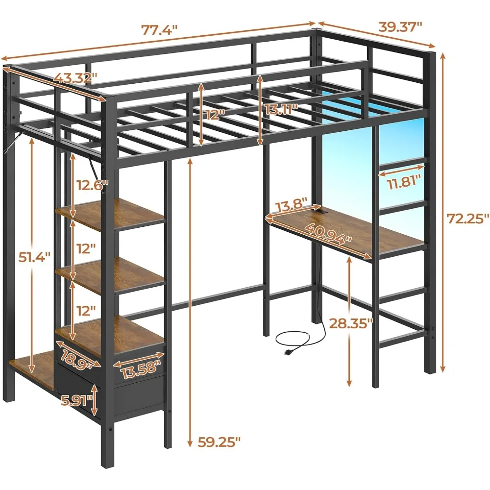Loft Bed Twin Size with Desk and Charging Station Metal Loft Bed with Led Lights,Storage Shelves and Drawers Twin Bed Frame
