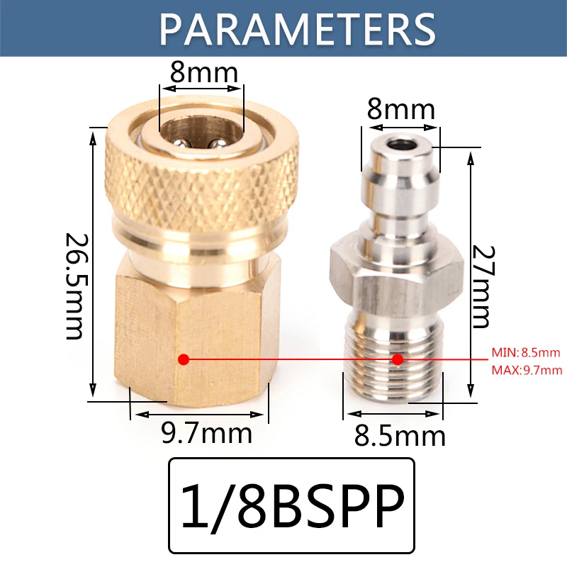 Conector macho 1/8bspp 8mm m10x1 1/8npt fêmea desconexão rápida encaixes de acoplamento de recarga de ar soquete 2 tamanhos