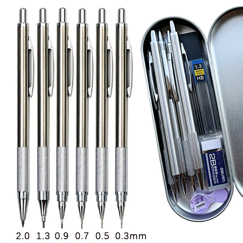 6 Kim Loại Cơ Khí Bút Chì Với Hộp Bút Chì Tẩy Gọt Bút Chì Bộ 0.3 0.5 0.7 0.9 1.3 2.0Mm NGHỆ THUẬT Phác Thảo Tự Động Bút Chì
