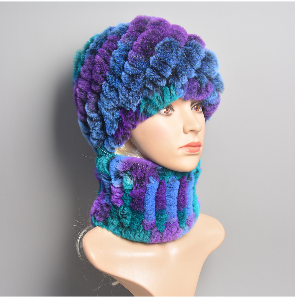 Conjunto de bufanda y sombrero de piel de conejo Rex Real para mujer, bufandas de piel de conejo Rex cálidas naturales, sombrero de Invierno para mujer