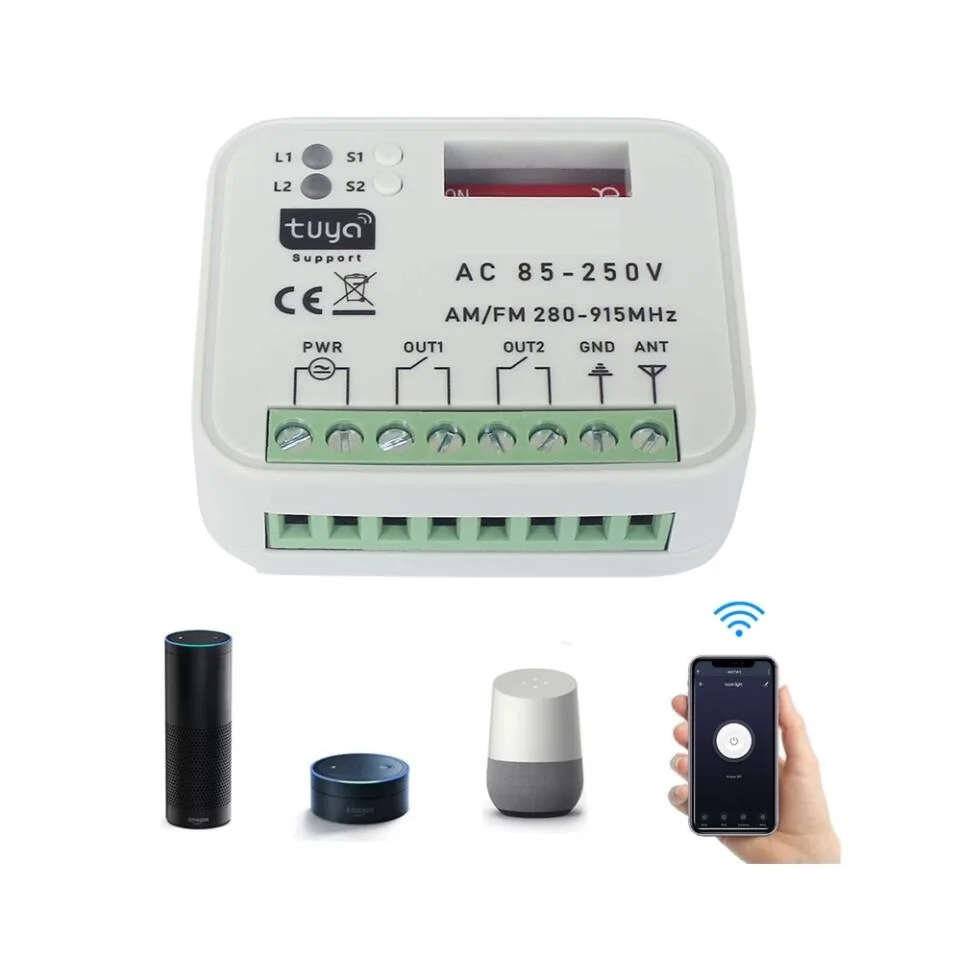 Tuya WiFi Garage Door Receiver 2CH Gate Universal Receiver Multi Frequency for 300-900MHz Remote Control Switch 9-30V 85-250V