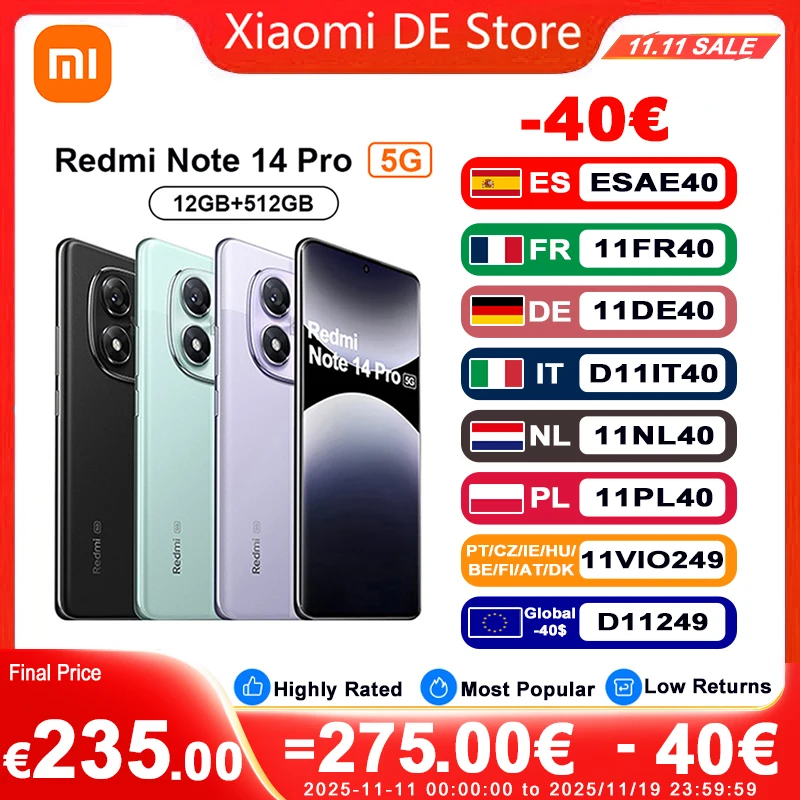 Versione globale Xiaomi Redmi Note 14 Pro 5G Smartphone MediaTek Dimensity 7300-Ultra 200MP AI fotocamera NFC Display AMOLED da 6,67" IP68