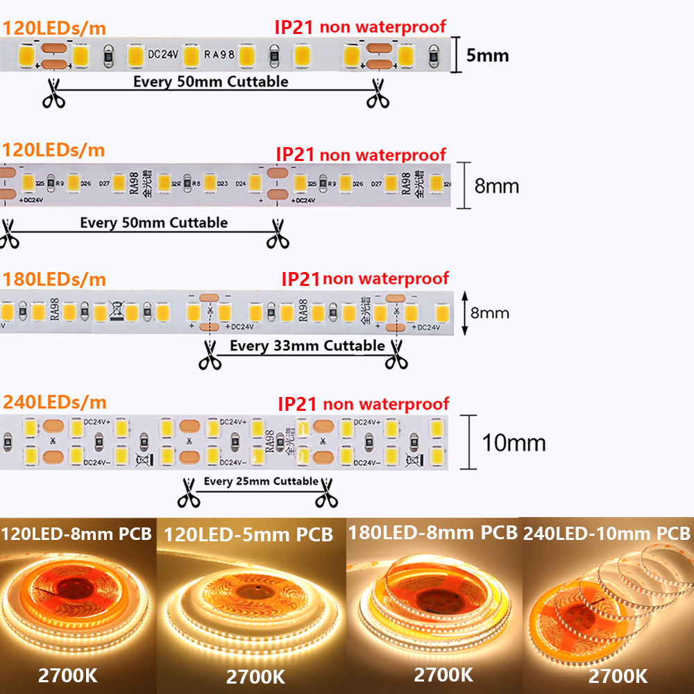 240ED/M 5M 10M 24V LED Strip Light RA98 2700K 3500K 4000K 5000K 6000K Hight Bright 120LED Flexible No Voltage Drop Home Lighting