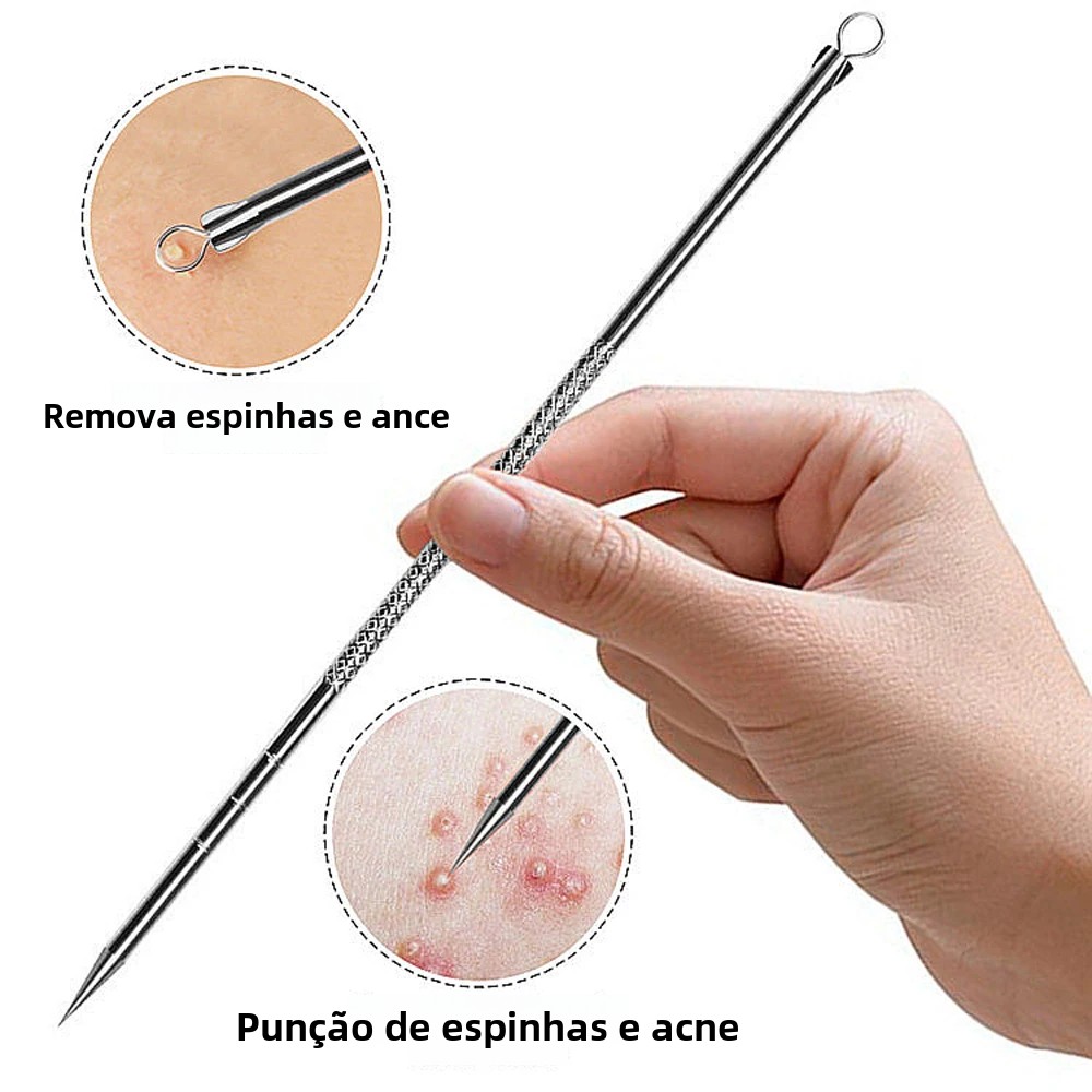 Agulha para acne, remoção de manchas de cravo, espinhas, comedone, 4 unidades, ponta dupla, aço inoxidável, limpeza facial, cuidados com a pele